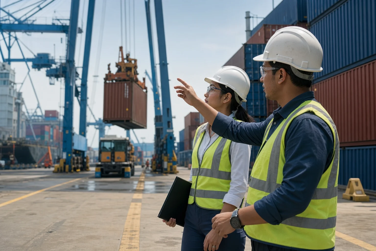 Indonesian insurance adviser and operations engineer reviewing an active port facility